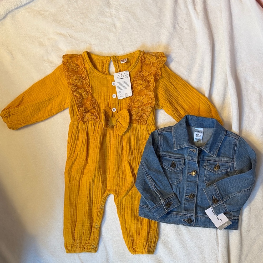 NWT Mustard Yellow Boutique Bodysuit with Denim Jacket